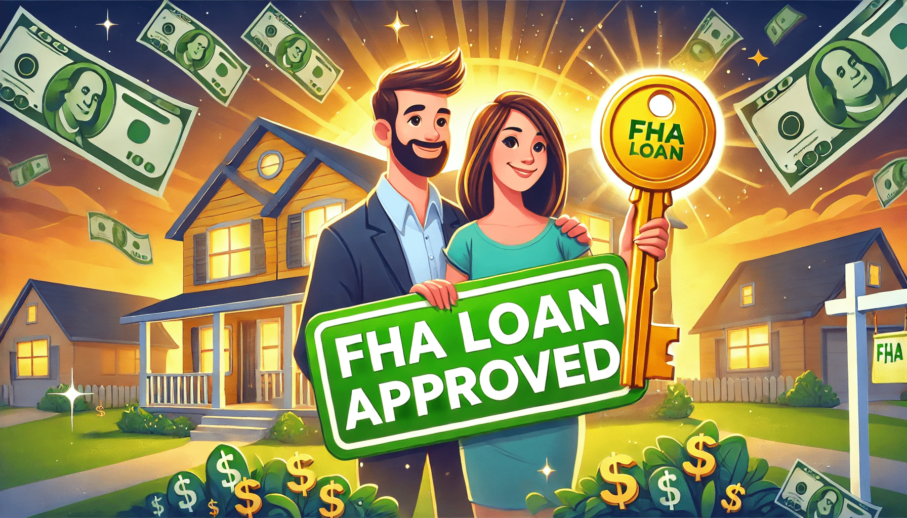 A glowing golden key surrounded by floating coins and a cheerful couple in front of a cozy home, highlighting FHA loan opportunities for new buyers.